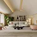 Bright Modern Sofa Set in Living Room With Plants Bookshelf Floor Lamp and Ottoman