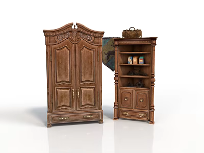 Classic Wooden Furniture Collection Featuring Carved Double Door Wardrobe And Shelf Cabinet 3d model