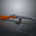 Vintage Submachine Gun With Wooden Stock Metal Body And Drum Magazine Design