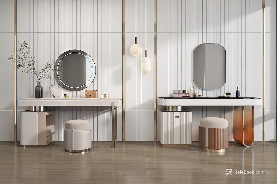 Modern Vanities With Round And Oval Mirrors Stools Pendant Lights On Striped Walls 3d model 