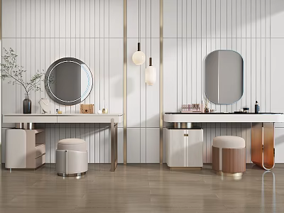 Modern Vanities With Round And Oval Mirrors Stools Pendant Lights On Striped Walls 3d model