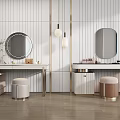Modern Vanities With Round And Oval Mirrors Stools Pendant Lights On Striped Walls