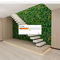 Modern Interior White Staircase With Green Living Plant Wall Wooden Panels And LED Strip Lighting