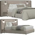 Modern Double Bed With Upholstered Headboard Plush Pillows And Knit Blanket 3d model
