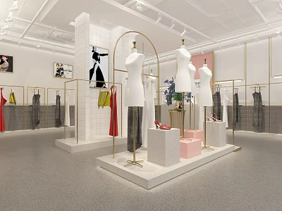 Stylish Clothing Store Interior With Mannequins Display Racks And Bright Lighting 3d model