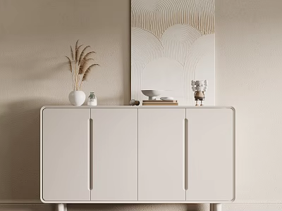 Modern White Console Sideboard Cabinet With Decorative Vase Books And Wall Art 3d model