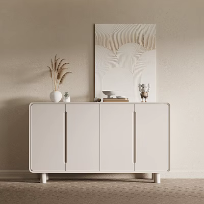 Modern White Console Sideboard Cabinet With Decorative Vase Books And Wall Art 3d model