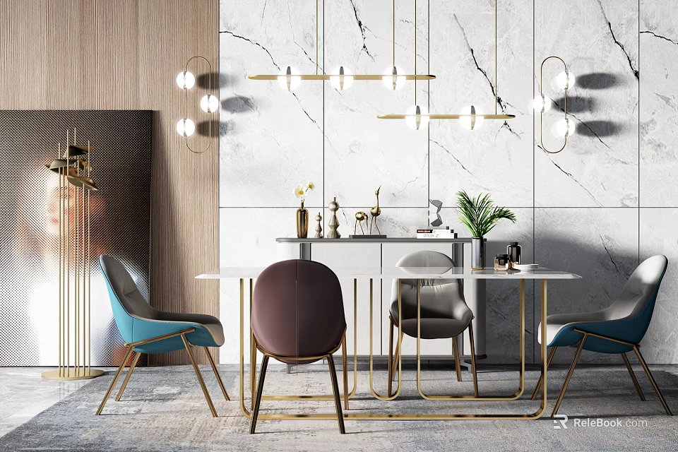 Modern Dining Table Set With Colored Chairs Marble Wall And Hanging Chandeliers 3d model