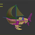 Futuristic Wooden Watercraft With Orange Sail And Sci Fi Thruster Design