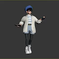 3D Model Character Wearing Blue Hat White Coat And Striped Shirt Holding Tablet Device