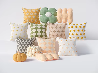 Colorful Decorative Pillows with Various Designs like Floral Polka Dot Checkered and Knitted Shapes 3d model