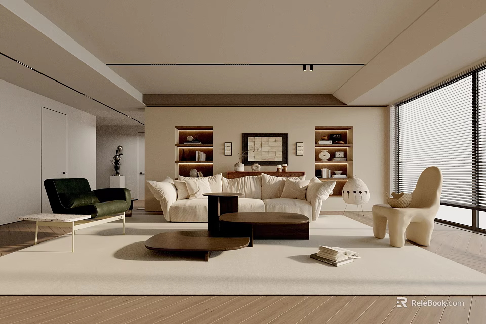 Modern Living Room With Beige Sofa Green Armchair Wooden Bookshelves And Floor To Ceiling Window 3d model 