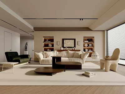 Modern Living Room With Beige Sofa Green Armchair Wooden Bookshelves And Floor To Ceiling Window 3d model