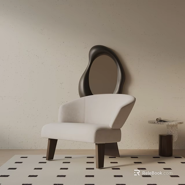 Beige Upholstered Accent Chair With Curved Backrest Abstract Mirror And Side Table On Neutral Wall 3d model 