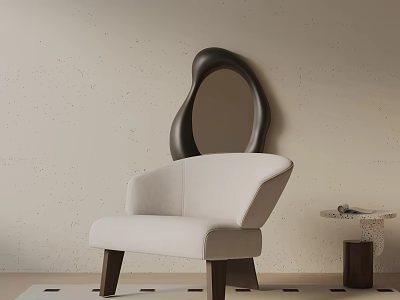 Beige Upholstered Accent Chair With Curved Backrest Abstract Mirror And Side Table On Neutral Wall 3d model