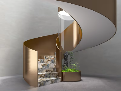 Golden Spiral Staircase With Marble Steps Glass Railing And Green Plants In Minimalist Interior 3d model