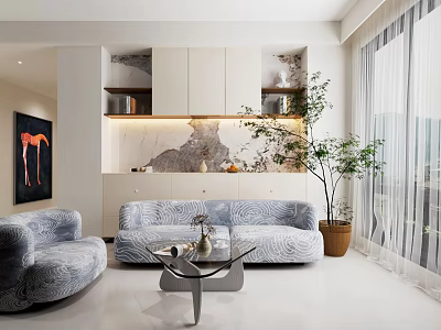 Modern Living Room Interior Design With Patterned Sofa And Glass Coffee Table Set 3d model