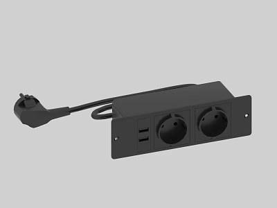 Black Switch Panel with Multiple Outlets USB Ports and Connected Plug Cable 3d model