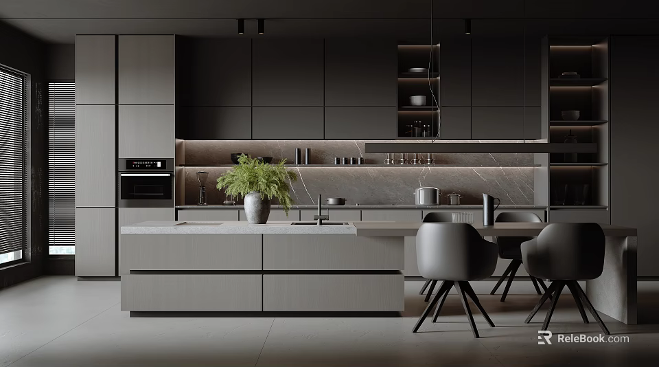 Modern Dark Kitchen Interior With Cabinets Island Counter Gray Chairs And Potted Plant 3d model 