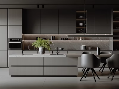 Modern Dark Kitchen Interior With Cabinets Island Counter Gray Chairs And Potted Plant 3d model