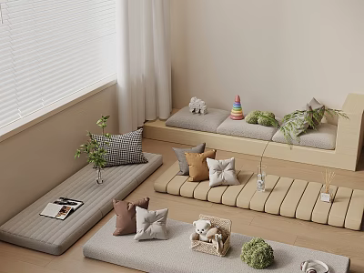 Plush Pillows in Modern Minimalist Room on Floor Cushions with Green Plants and Small Decor 3d model