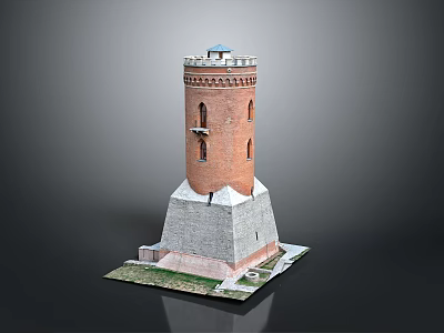 Red Brick Tower Architectural Model Featuring Gray Stone Base And Top Windows 3d model