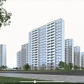 Modern High Rise Residential Building Surrounded by Trees Near Road with Pedestrians