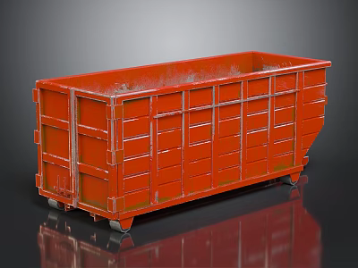 Red Metal Dumpster With Rusty Green Spots And Wheels On Reflective Surface 3d model