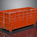 Red Metal Dumpster With Rusty Green Spots And Wheels On Reflective Surface