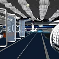 Futuristic Tech Interior Design With Blue Floor White Structure And Airplane Model 3d model