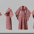 Pink Traditional Kimono Robes With Red Belt And Flowing Sleeves