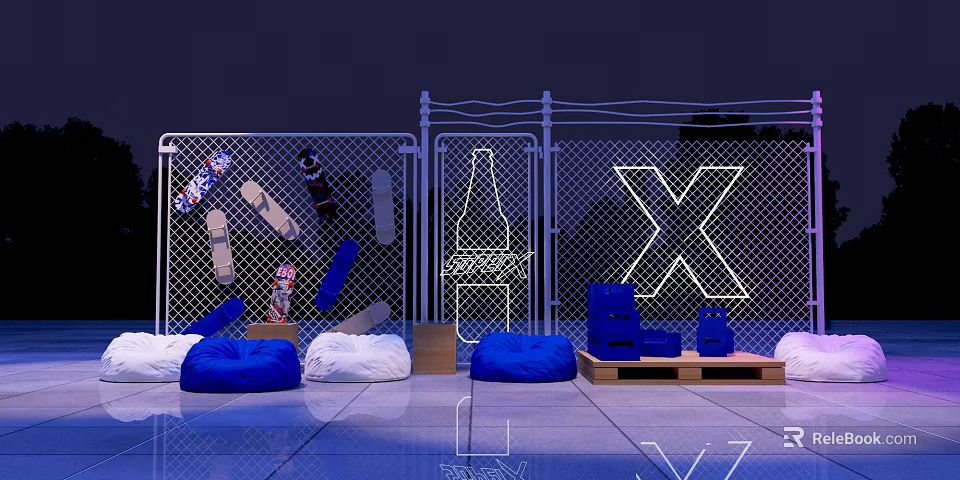 Instagrammable Photo Check In Spot With Neon Lights Wire Fence Blue Bean Bags And Art 3d model 