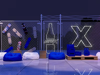 Instagrammable Photo Check In Spot With Neon Lights Wire Fence Blue Bean Bags And Art 3d model