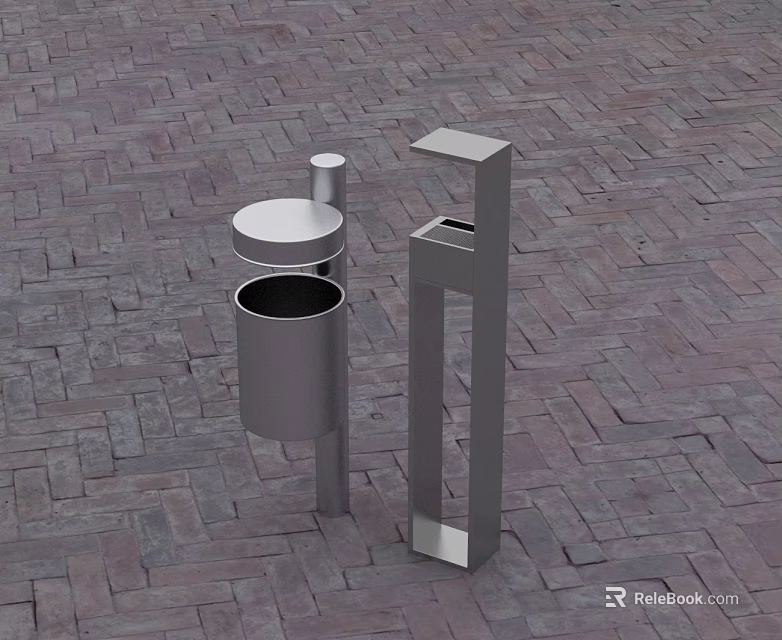 Metal Trash Can With Lid And Drinking Fountain On Brick Paved Surface 3d model 