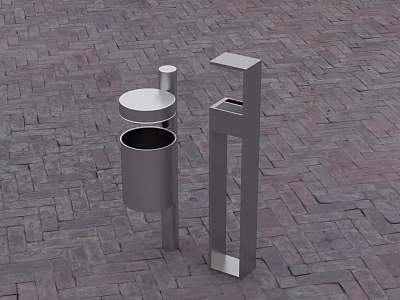 Metal Trash Can With Lid And Drinking Fountain On Brick Paved Surface 3d model