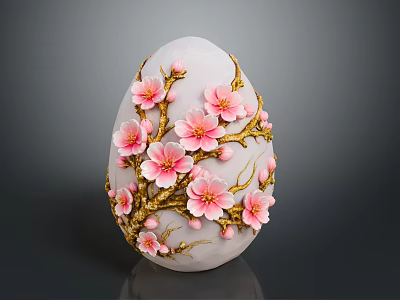 Handcrafted Decorative Egg Ornament With Pink Flowers And Golden Branches 3d model