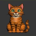 Orange Tabby Cartoon Cat With Green Eyes Red Ears Sitting On Gray Background With Reflection