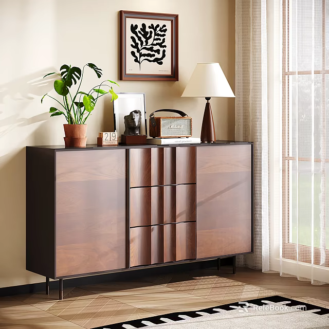 Modern Walnut Dresser with Green Plant Table Lamp and Wall Art 3d model 