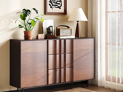 Modern Walnut Dresser with Green Plant Table Lamp and Wall Art 3d model