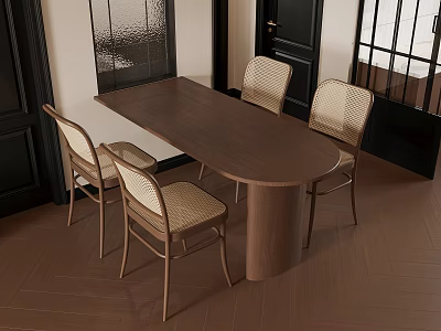 Brown Oval Dining Table with Woven Chairs and Dark Wooden Flooring 3d model