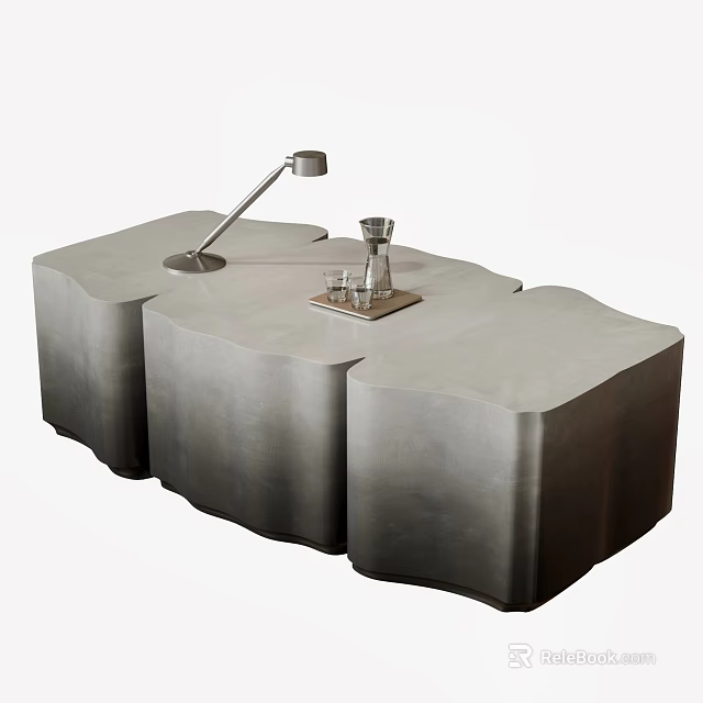 Modern Irregular Design Coffee Table With Gray Concrete Surface Table Lamp Tray And Glasses 3d model