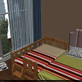 Wooden Kids Bed With Safety Rails Striped Mattress And Small Step Stool
