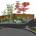 Japanese Garden Courtyard With Wooden Pavilion Red Maple Cherry Blossom Trees Stone Path Water Feature