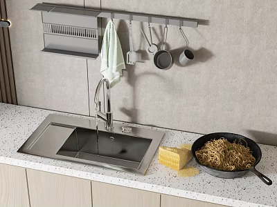 Stainless Steel Kitchen Sink with Faucet Drain Rack and Hanging Utensils on White Countertop 3d model
