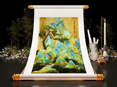 Chinese Scroll Art Installation with Mountain Landscape Painting Trees Bamboo Brush Holder and Golden Ends 3d model