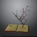 Open Book With Growing Tree Having Pink Flowers And Symbol On Pages