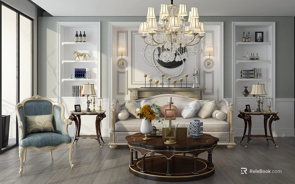 Elegant Living Room Sofa And Coffee Table Set With Chandelier Fireplace And Decor 3d model 
