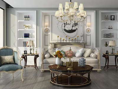 Elegant Living Room Sofa And Coffee Table Set With Chandelier Fireplace And Decor 3d model