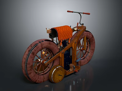 Vintage Bicycle With Wooden Frame Large Wheels Orange Seat And Retro Design 3d model