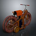 Vintage Bicycle With Wooden Frame Large Wheels Orange Seat And Retro Design
